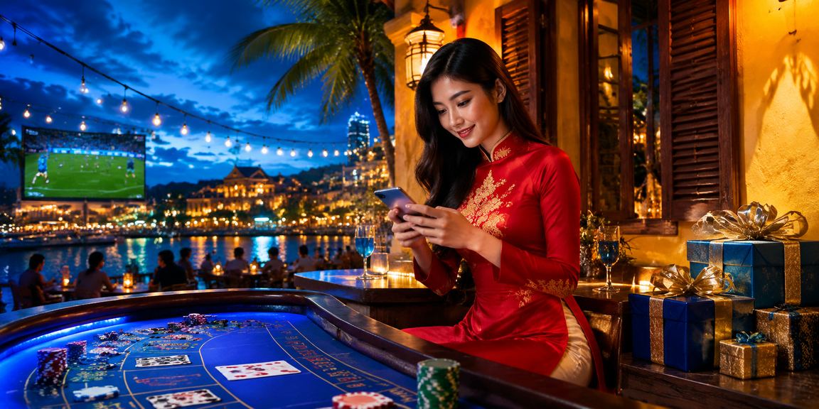 Bàn Baccarat live casino phong cách Hội An với dealer mặc áo dài truyền thống Việt Nam